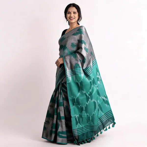 Green_And_Grey_Premium_Cotton_Slub_Saree_For_Women