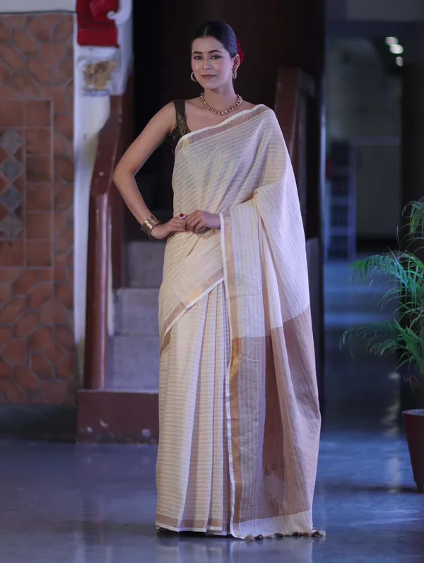 Off_white_Semi_Linen_Zari_Strips_saree