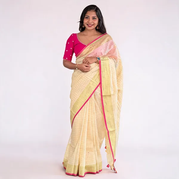 Pink_And_Cream_Premium_Linen_Saree_For_Women
