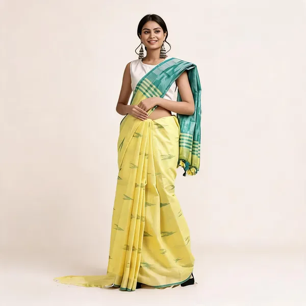Yellow_And_Teal_Premium_Cotton_Slub_Saree_For_Women