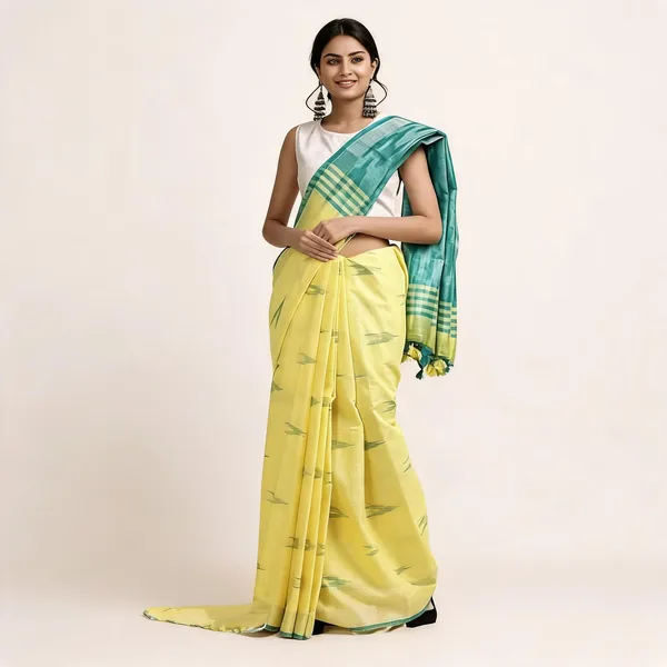 Yellow_And_Teal_Premium_Cotton_Slub_Saree_For_Women