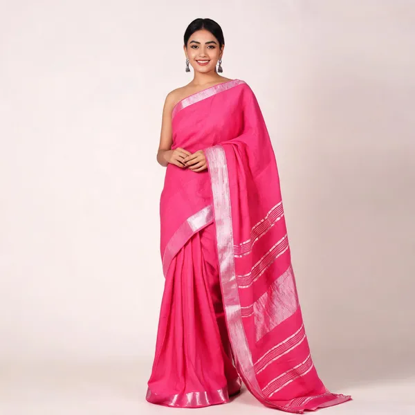 Pink_And_Silver_Premium_Cotton_Linen_Saree_For_Women