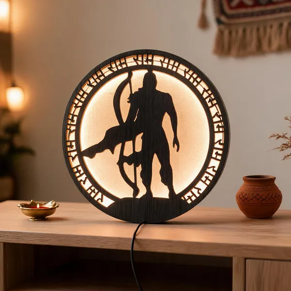 Black_Wooden_Devotional_Lord_Ram_Bow_Silhouette_Round_Led_Wall_Lamp