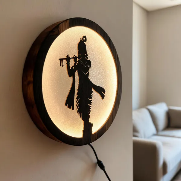 Black_Wooden_Devotional_Krishna_Flute_Silhouette_Round_Led_Wall_Light