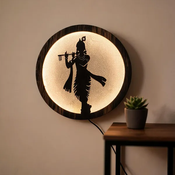 Black_Wooden_Devotional_Krishna_Flute_Silhouette_Round_Led_Wall_Light