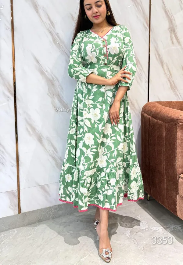 Adorn_Your_Appearance_With_This_Floral_Printed_Cotton_Gown_This_Gown_Set_Is_As_Elegant_As_It_Looks_Adjustable_Belt_Given_To_Set_Fitting_As_Per_Body_Shape_Green