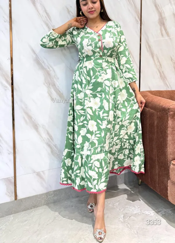 Adorn_Your_Appearance_With_This_Floral_Printed_Cotton_Gown_This_Gown_Set_Is_As_Elegant_As_It_Looks_Adjustable_Belt_Given_To_Set_Fitting_As_Per_Body_Shape_Green