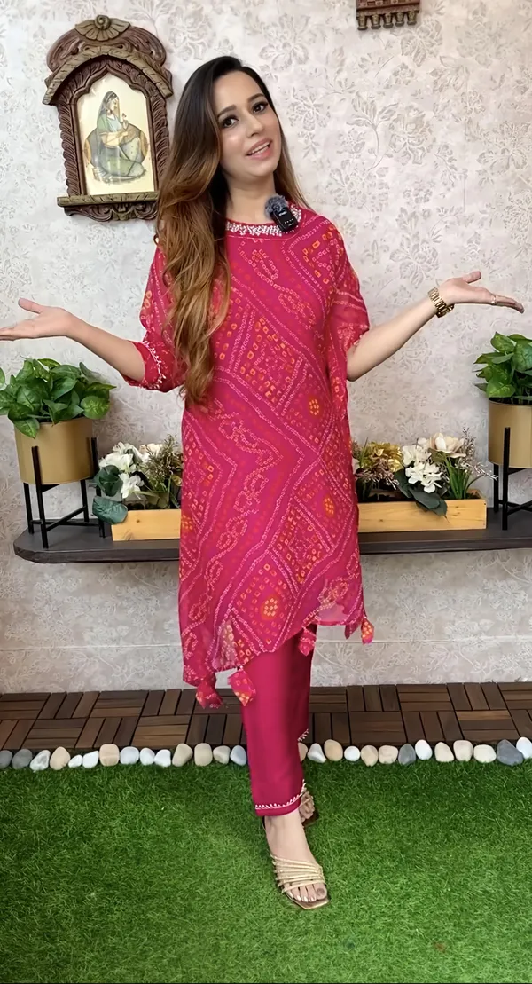 Export_Chinnon_Premium_Bhandej_Hand_Work_Kaftan_Pattern_Kurti_With_Premium_Pant_At_Manufacturing_Rate_Wacd126_01_Pink