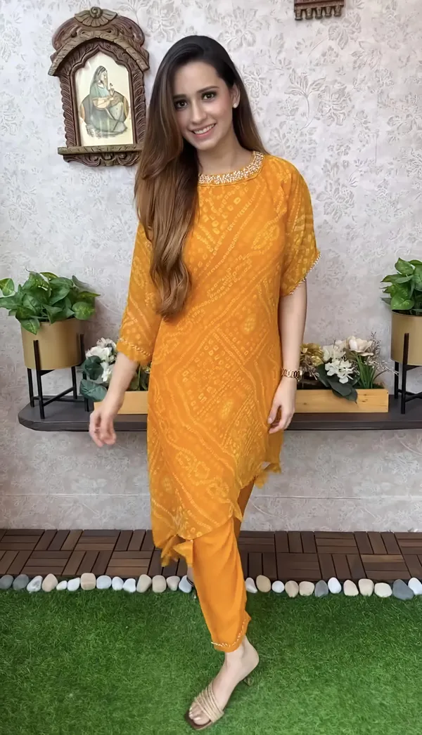 Export_Chinnon_Premium_Bhandej_Hand_Work_Kaftan_Pattern_Kurti_With_Premium_Pant_At_Manufacturing_Rate_Wacd126_01_Orange