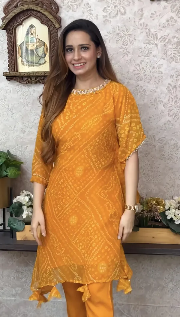 Export_Chinnon_Premium_Bhandej_Hand_Work_Kaftan_Pattern_Kurti_With_Premium_Pant_At_Manufacturing_Rate_Wacd126_01_Orange