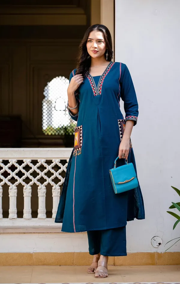 New_Stylish_And_Affordable_Beautiful_Look_Start_A_Line_Set_With_Beautiful_Elephant_Print_And_Fabric_Pure_Cotton_Swsk05_Navy_Blue
