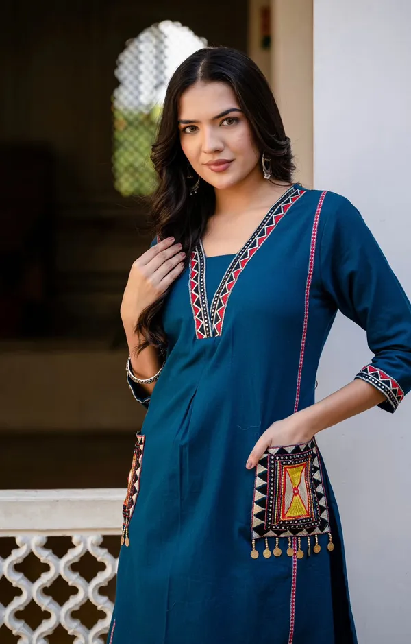 New_Stylish_And_Affordable_Beautiful_Look_Start_A_Line_Set_With_Beautiful_Elephant_Print_And_Fabric_Pure_Cotton_Swsk05_Navy_Blue