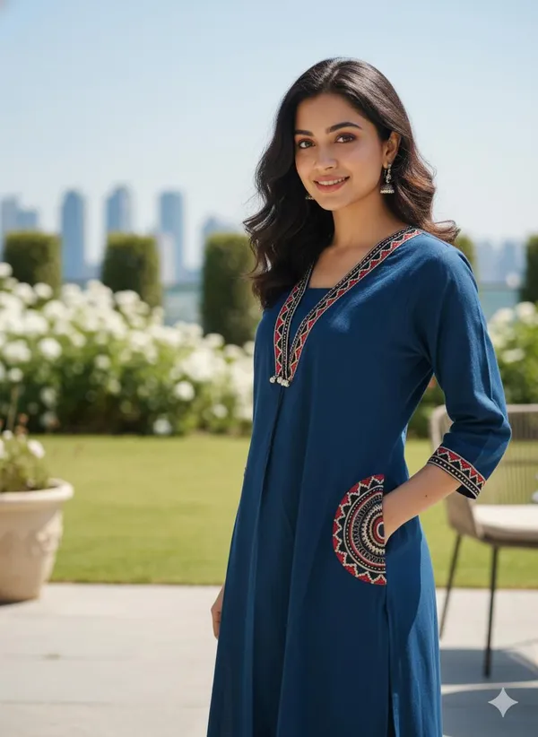 Fine_Cotton_Flex_Fabric_Beautiful_Embroidery_On_Neck_Sleeves_Pocket_Kurti_With_Plazo_With_Cotton_Cotton_Flex_Swsk03_Navy_Blue