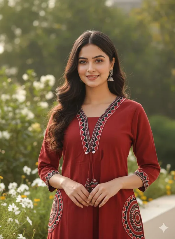 Fine_Cotton_Flex_Fabric_Beautiful_Embroidery_On_Neck_Sleeves_Pocket_Kurti_With_Plazo_With_Cotton_Cotton_Flex_Swsk03_Red