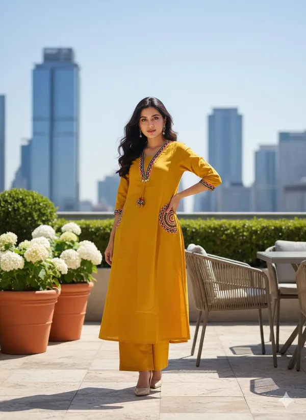 Fine_Cotton_Flex_Fabric_Beautiful_Embroidery_On_Neck_Sleeves_Pocket_Kurti_With_Plazo_With_Cotton_Cotton_Flex_Swsk03_Yellow