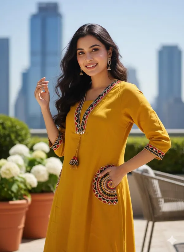 Fine_Cotton_Flex_Fabric_Beautiful_Embroidery_On_Neck_Sleeves_Pocket_Kurti_With_Plazo_With_Cotton_Cotton_Flex_Swsk03_Yellow