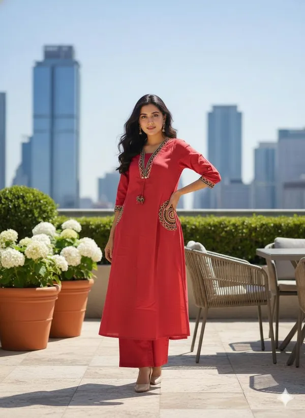 Fine_Cotton_Flex_Fabric_Beautiful_Embroidery_On_Neck_Sleeves_Pocket_Kurti_With_Plazo_With_Cotton_Cotton_Flex_Swsk03_Pink