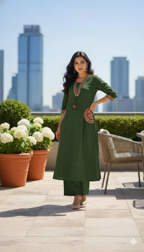 Fine_Cotton_Flex_Fabric_Beautiful_Embroidery_On_Neck_Sleeves_Pocket_Kurti_With_Plazo_With_Cotton_Cotton_Flex_Swsk03_Green