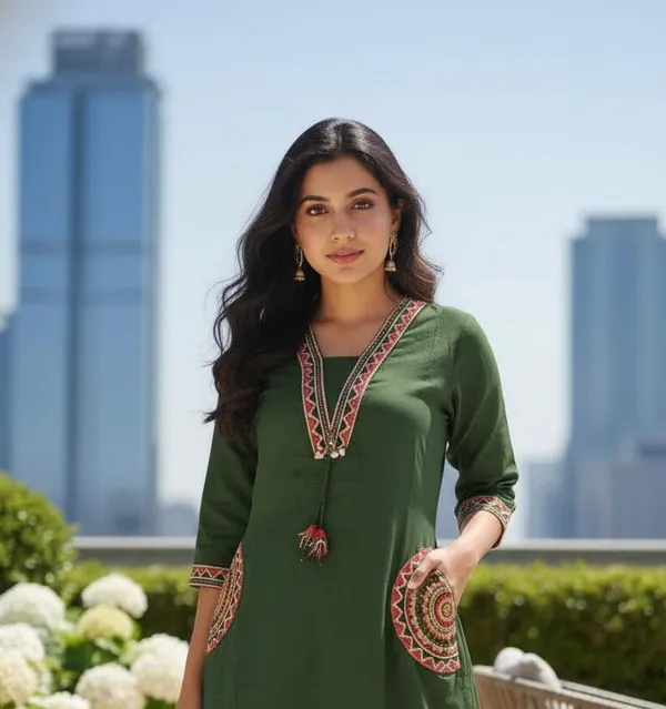 Fine_Cotton_Flex_Fabric_Beautiful_Embroidery_On_Neck_Sleeves_Pocket_Kurti_With_Plazo_With_Cotton_Cotton_Flex_Swsk03_Green