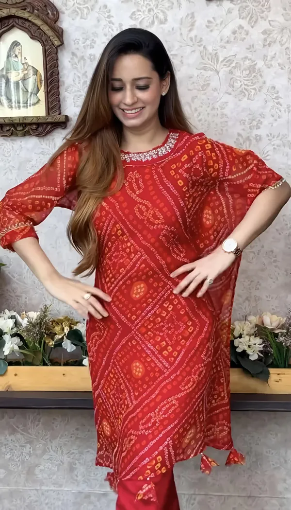 Export_Chinnon_Premium_Bhandej_Hand_Work_Kaftan_Pattern_Kurti_With_Premium_Pant_At_Manufacturing_Rate_Wacd126_01_Red