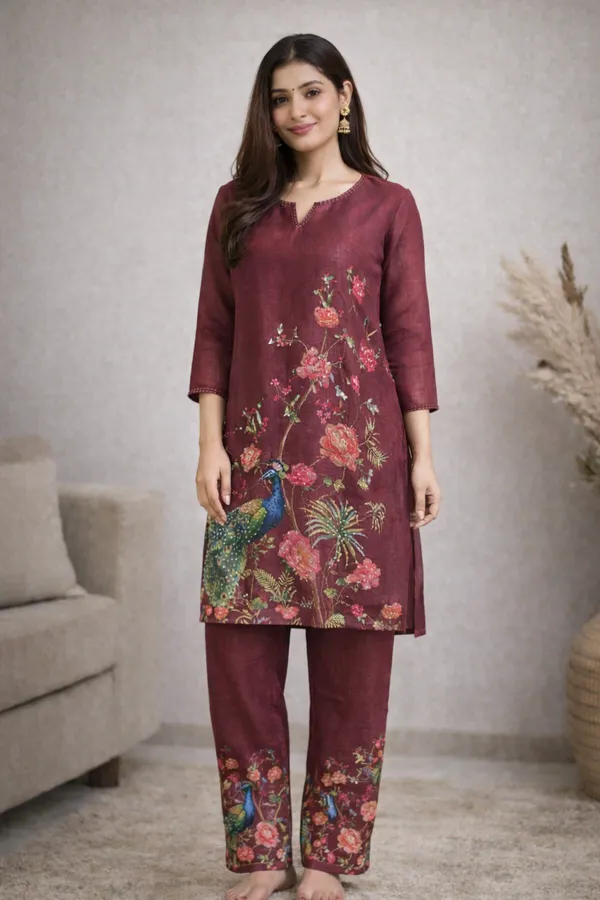 Maroon_Floral_Printed_Kurta_Set_With_Peacock_Motif_For_Women_Swdh10