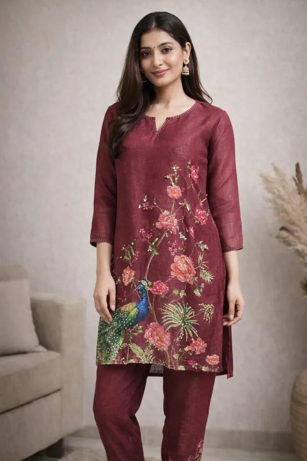 Maroon_Floral_Printed_Kurta_Set_With_Peacock_Motif_For_Women_Swdh10