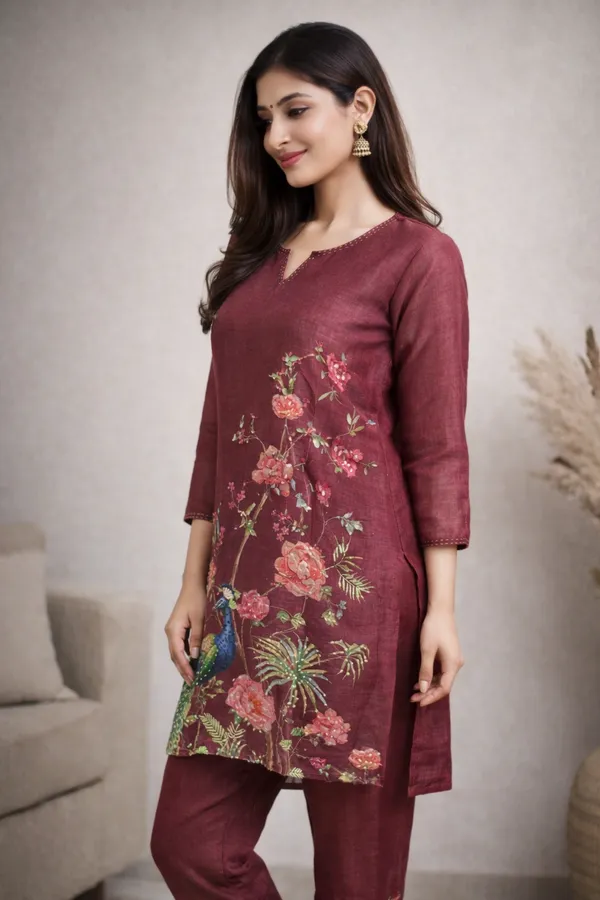 Maroon_Floral_Printed_Kurta_Set_With_Peacock_Motif_For_Women_Swdh10