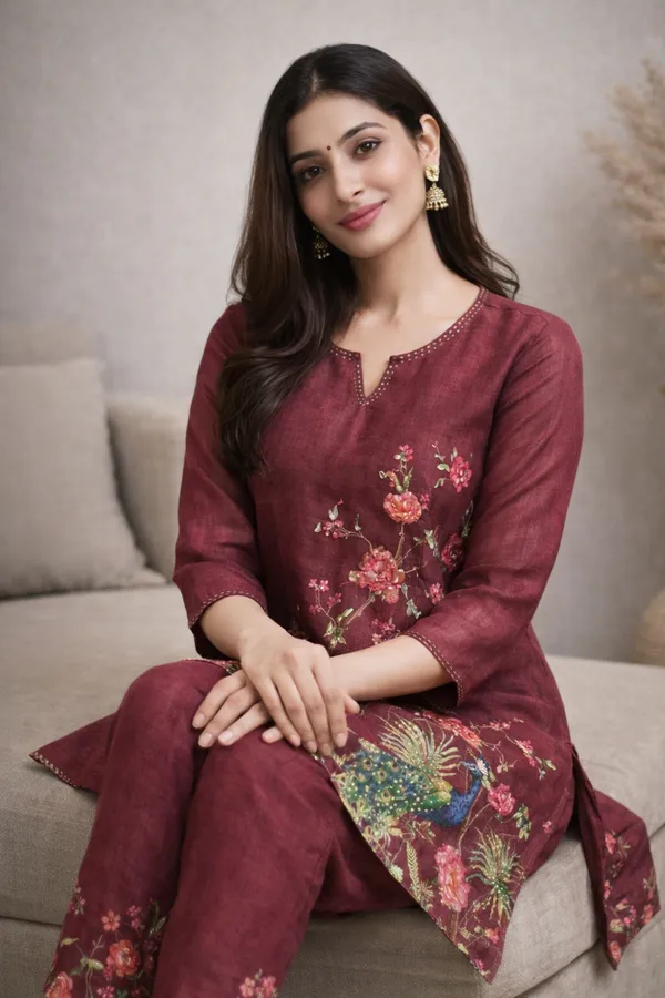 Maroon_Floral_Printed_Kurta_Set_With_Peacock_Motif_For_Women_Swdh10