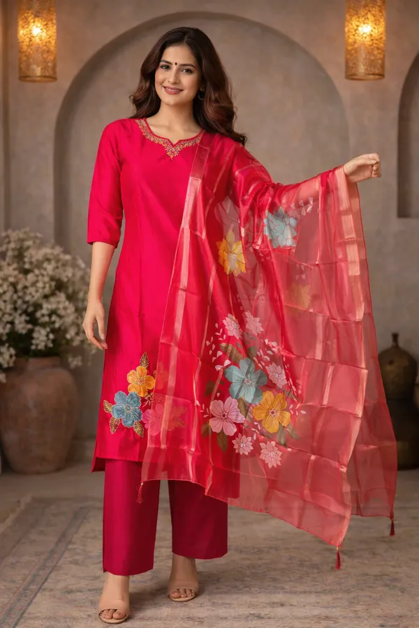 Pink_Floral_Printed_Kurta_Set_With_Organza_Dupatta_For_Women_Swdh15