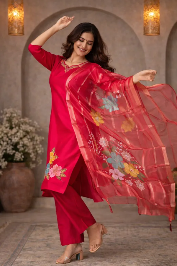 Pink_Floral_Printed_Kurta_Set_With_Organza_Dupatta_For_Women_Swdh15