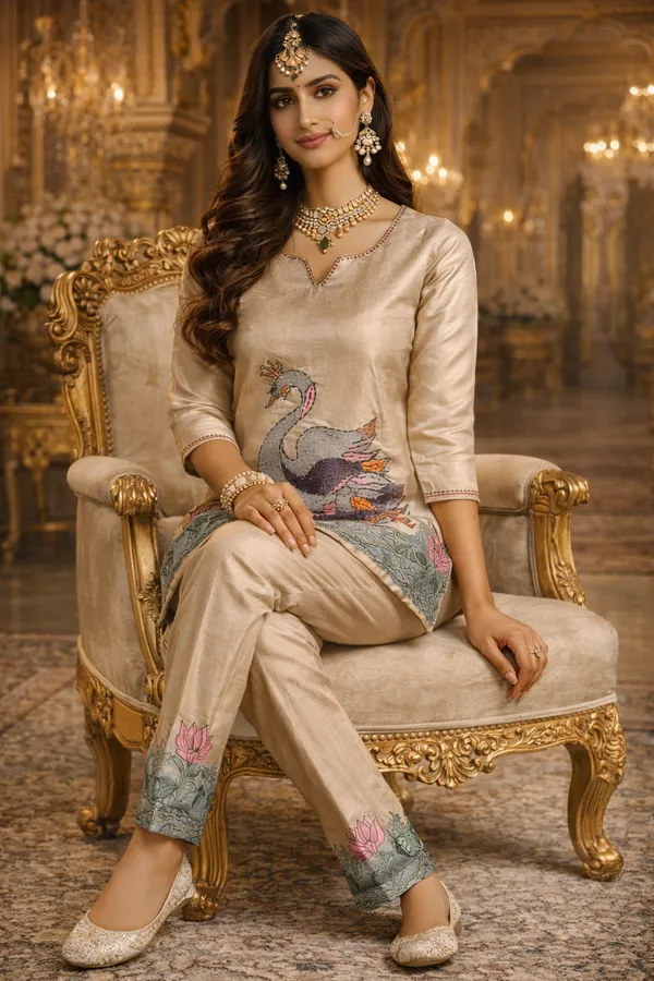 Beige_Swan_Motif_Embroidered_Kurta_Set_Swdh19