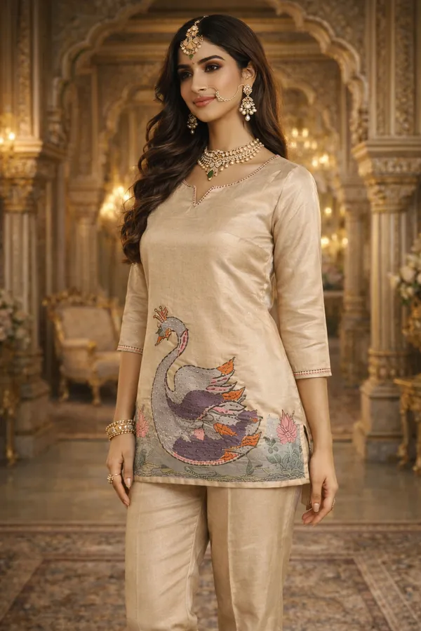Beige_Swan_Motif_Embroidered_Kurta_Set_Swdh19