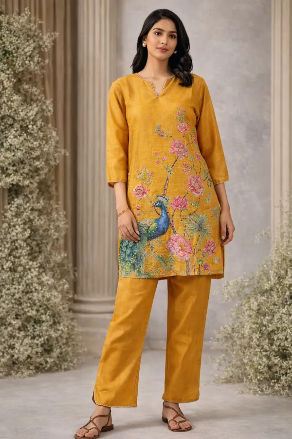 Mustard_Yellow_Floral_Peacock_Printed_Kurta_Pant_Set_Swdh25
