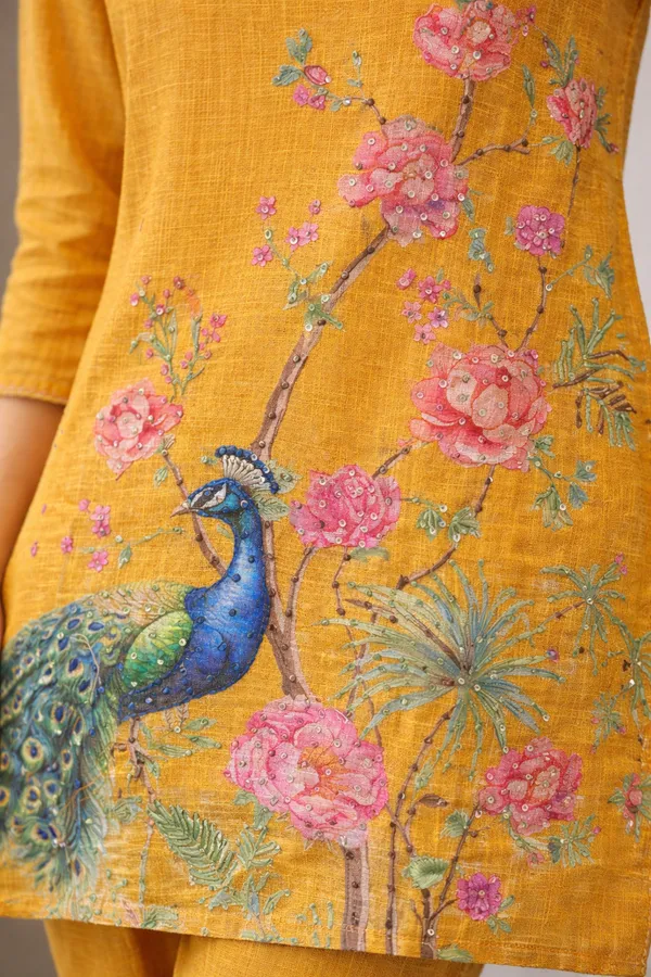 Mustard_Yellow_Floral_Peacock_Printed_Kurta_Pant_Set_Swdh25