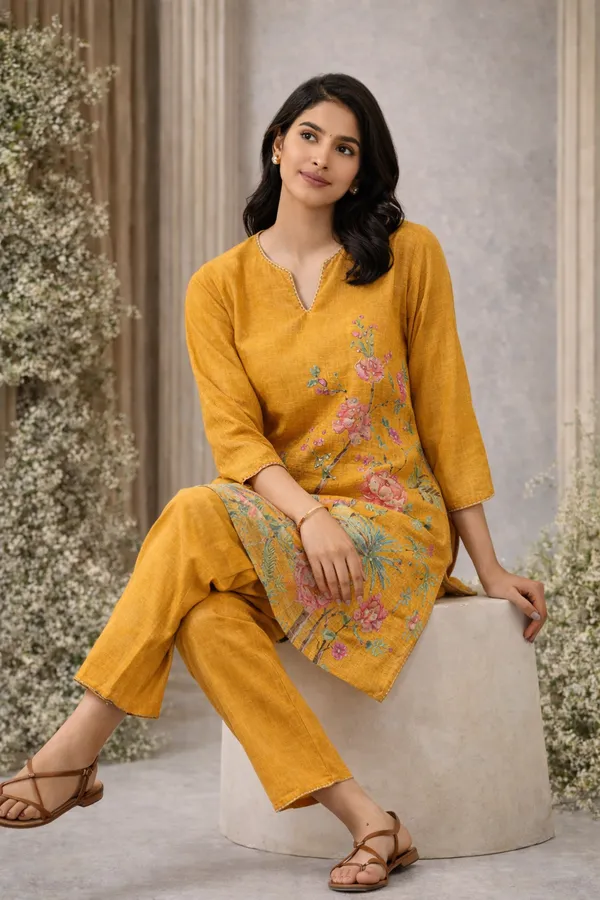 Mustard_Yellow_Floral_Peacock_Printed_Kurta_Pant_Set_Swdh25