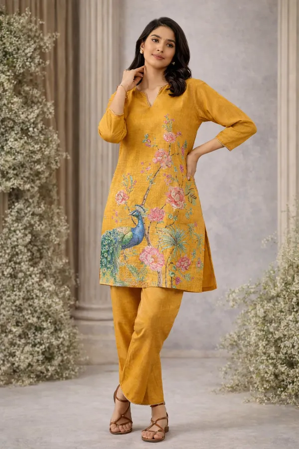 Mustard_Yellow_Floral_Peacock_Printed_Kurta_Pant_Set_Swdh25