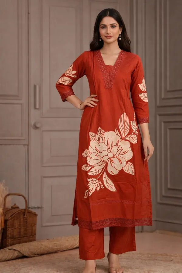 Rust_Orange_Floral_Printed_Kurta_Palazzo_Set_With_Dupatta_Swdh26