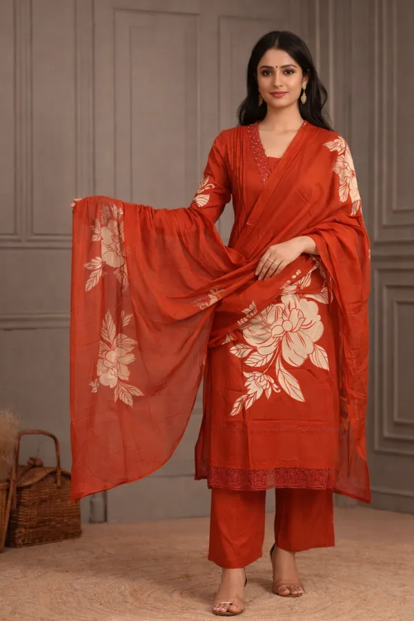 Rust_Orange_Floral_Printed_Kurta_Palazzo_Set_With_Dupatta_Swdh26