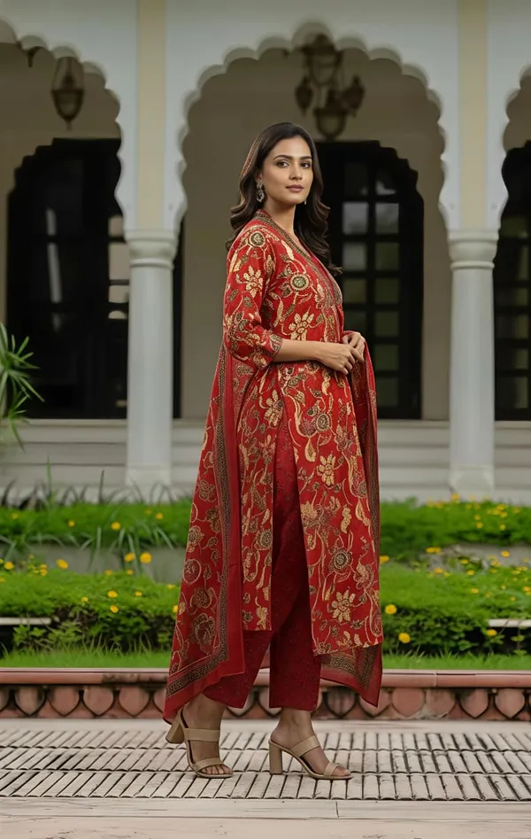 Stylish_Olive_Green_Floral_Kurta_Dupatta_Set_For_Festive_And_Daily_Wear_Swsk37_Mehroon