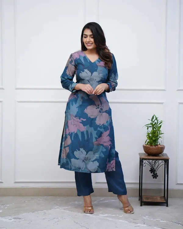 Enjoy_New_Floral_Kurta_Pant_Set_With_Amazing_Lace_Work_Rd03_Navy_Blue
