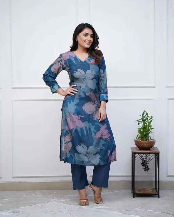 Enjoy_New_Floral_Kurta_Pant_Set_With_Amazing_Lace_Work_Rd03_Navy_Blue