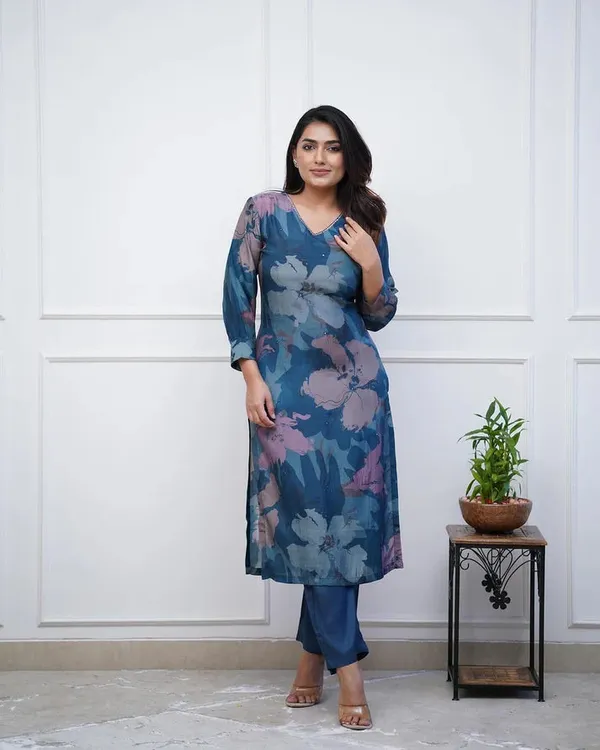 Enjoy_New_Floral_Kurta_Pant_Set_With_Amazing_Lace_Work_Rd03_Navy_Blue