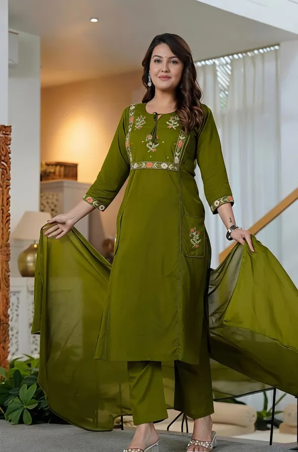 Fine_Cotton_Fabric_With_Beautiful_Embroidery_On_Neck_Sleeves_Kurti_With_Plazo_With_One_Side_Pocket_On_Pant_Swsk59_Green