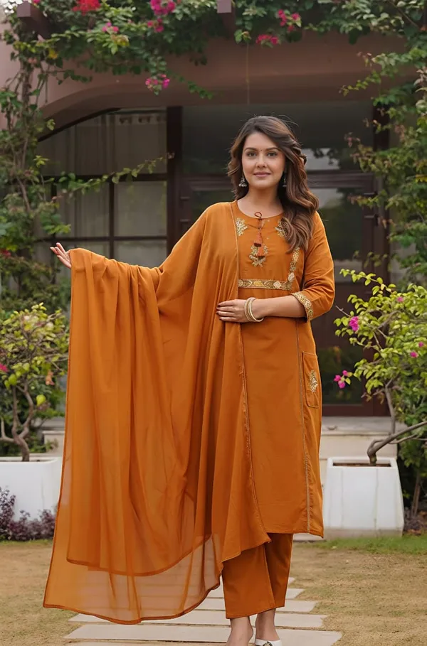 Fine_Cotton_Fabric_With_Beautiful_Embroidery_On_Neck_Sleeves_Kurti_With_Plazo_With_One_Side_Pocket_On_Pant_Swsk59_Rust_Orange