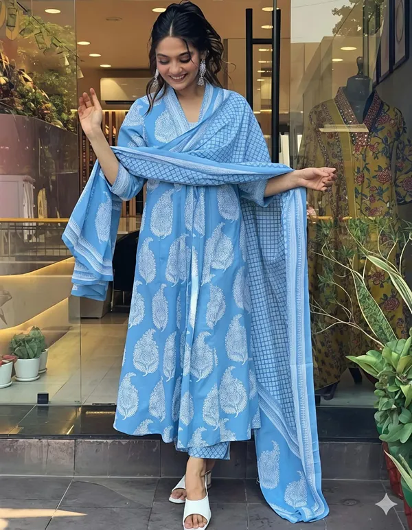 New_Stylish_And_Affordable_Beautiful_Look_A_Line_Cut_Set_Swsk61_Sky_Blue