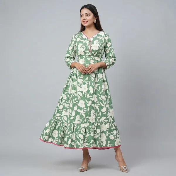 Adorn_Your_Appearance_With_This_Floral_Printed_Cotton_Gown_This_Gown_Set_Is_As_Elegant_As_It_Looks_Adjustable_Belt_Given_To_Set_Fitting_As_Per_Body_Shape_Green