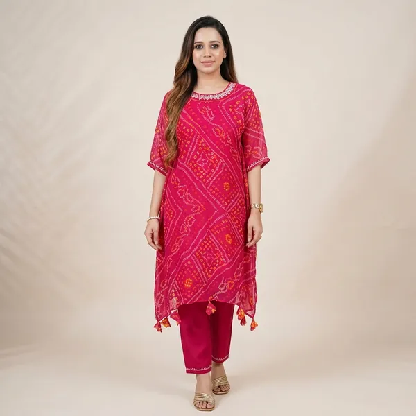 Export_Chinnon_Premium_Bhandej_Hand_Work_Kaftan_Pattern_Kurti_With_Premium_Pant_At_Manufacturing_Rate_Wacd126_01_Pink