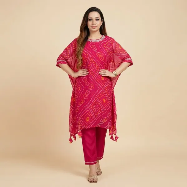 Export_Chinnon_Premium_Bhandej_Hand_Work_Kaftan_Pattern_Kurti_With_Premium_Pant_At_Manufacturing_Rate_Wacd126_01_Pink
