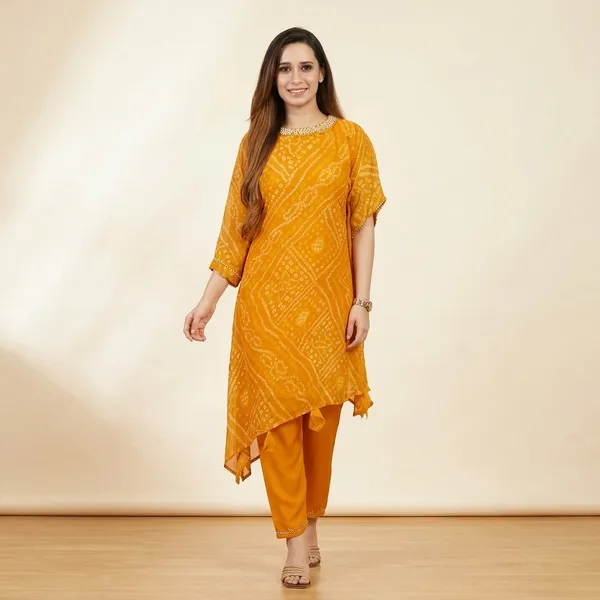 Export_Chinnon_Premium_Bhandej_Hand_Work_Kaftan_Pattern_Kurti_With_Premium_Pant_At_Manufacturing_Rate_Wacd126_01_Orange