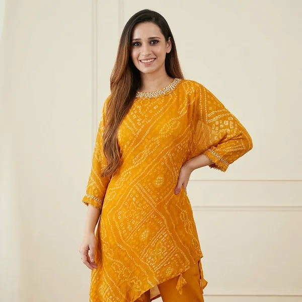Export_Chinnon_Premium_Bhandej_Hand_Work_Kaftan_Pattern_Kurti_With_Premium_Pant_At_Manufacturing_Rate_Wacd126_01_Orange